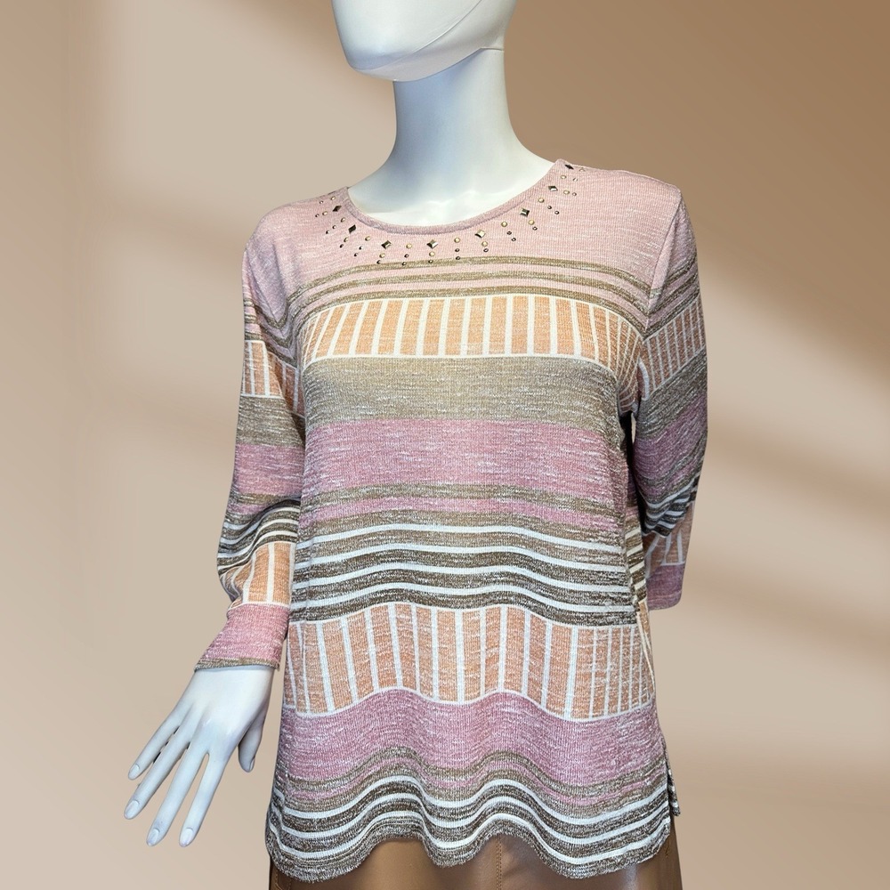 alfred dunner Women's Lightweight Pink & Brown Neck Embellished Sz PL Sweater